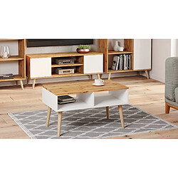 Alter Table basse de salon, Table porte-revues avec 2 étagères et pieds, style Scandi, 55x90h55 cm, coloris Blanc et Érable