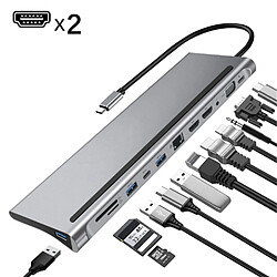 Universal Hub USB type C gris 12 en 1 à double adaptateur d'alimentation RJ45 multiUSB 3.0 compatible avec le transfert PD