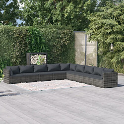 vidaXL Salon de jardin 9 pcs avec coussins Résine tressée Gris