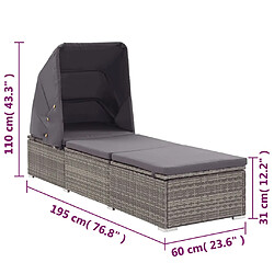 vidaXL Chaise longue avec auvent et coussin Résine tressée Gris pas cher