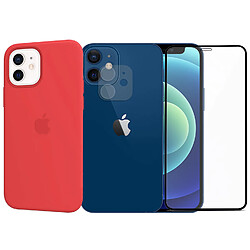 Protection intégrale Verre Trempé pour iPhone 12 Mini + Verre Trempé Caméra Arrière + Coque souple silicone Rouge - Visiodirect -