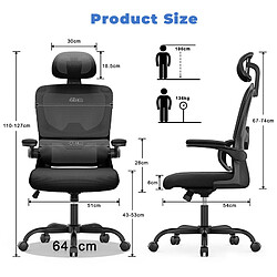 BIGZZIA Chaise de Bureau Ergonomique - Fauteuil - avec accoudoir rabattable à 90° - Support Lombaire Adaptatif - Réglable en hauteur