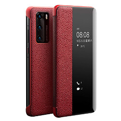 Qialino Coque en cuir véritable + TPU fenêtre de visualisation rouge pour votre Huawei P40