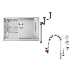 Auralum MAX Évier Cuisine 1 Bac 60*44*20CM,inox,à Encastrer/sous-plan avec Panier Drainage,Silver+Robinet Cuisine avec Douchette Extractible,2 Modes Jets,Brossé