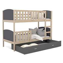 Kids Literie Lit Superposé Tomy 90x190 Pin - gris Livré avec sommiers, tiroir et matelas en mousse de 7cm