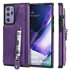 Coque en TPU + PU nouveau revêtement anti-goutte avec porte-carte extérieure et pochette à fermeture éclair violet pour votre Samsung Galaxy Note 20 Ultra/Note 20 Ultra 5G