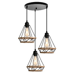 Stoex Plafonnier D'Intérieur Rétro Noir Suspension Luminaire en Corde de Chanvre 20CM Lustre Diamant 3 Lumières Suspension Lustre Vintage en Métal