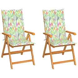 vidaXL Chaises de jardin lot de 2 et coussins à motif de feuilles Teck