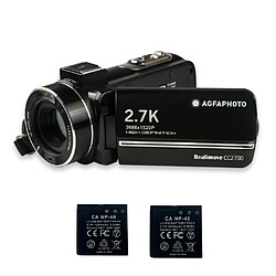 AGFA PHOTO Realimove CC2700 – Caméscope Numérique (2.7K, 24MP, Écran Tactile 3'', Zoom 18X, Télécommande, Batterie Lithium) Noir - avec 2 Batteries - Noir