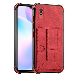 Coque en TPU + PU antichute, rigide avec béquille, porte-cartes rouge pour votre Xiaomi Redmi 9A