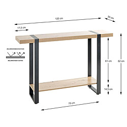 Pegane Meuble console, table console en bois coloris chêne et métal noir -longueur 120 x profondeur 30 x hauteur 82 cm