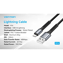 Avis Câble de données Vention CableTech Lightning-USB-A - Aluminium durable - Transmission 480Mbps - Puissance 2A, 10W - Couleur noire