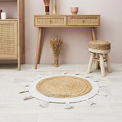 Toilinux Tapis rond à Pompons en Jute - Diamètre 90 cm - Blanc