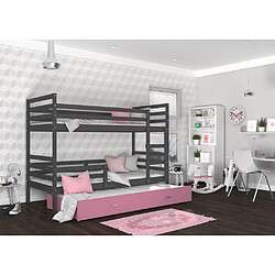 Kids Literie Lit Superposé 3 Places Milo 90x190 Gris - rose Livré avec sommiers, tiroir et matelas en mousse de 7cm