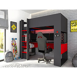 Vente-Unique Lit mezzanine gamer NOAH avec bureau et rangements intégrés - 90 x 200 cm - Avec LEDs - Anthracite et rouge + matelas