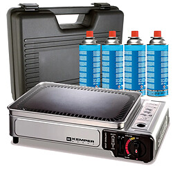 Plancha gaz portable 2300W Kemper plaque anti adhésive + 4 cartouches gaz camping + Valise de transport