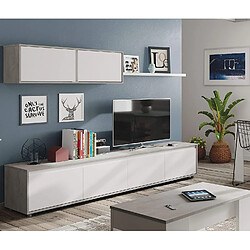 Alter Meuble TV de salon à quatre portes, avec élément mural et étagère, couleur béton et blanc artik, dimensions du meuble TV 200 x 43 x 41 cm Élément mural 105 x 35 x 29 cm Étagère 95 x 3 x 21 cm