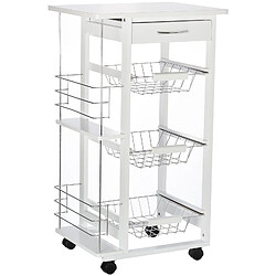 Homcom Chariot de service desserte de cuisine à roulettes multi-rangements 3 paniers métal tiroir + 2 range-bouteilles bois pin blanc