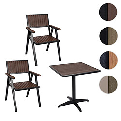 Mendler Lot de 2 chaises de jardin + table de jardin HWC-J95 Outdoor, alu aspect bois ~ noir, marron foncé