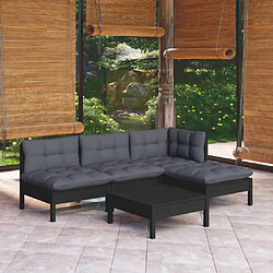 vidaXL Salon de jardin 5 pcs avec coussins Noir Bois de pin