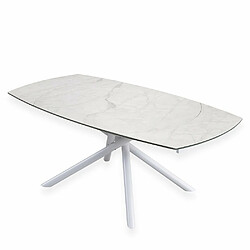 Avis Inside 75 Table de repas extensible MIKADO plateau céramique marbre blanc collé sur verre trempé, piétement en métal blanc mat