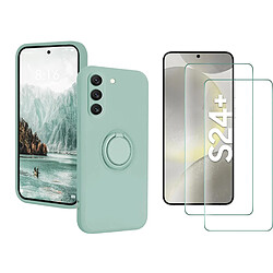 Coque Silicone Pour Samsung Galaxy S24 Plus Couleur Vert Avec Anneau Support + 2 Verres Trempe Protection Ecran Little Boutik©