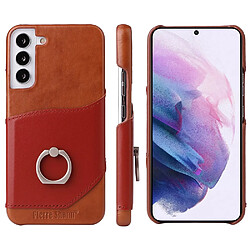 Coque en TPU + cuir véritable FIERRE SHANN avec béquille en anneau et porte-carte marron pour votre Samsung Galaxy S22 5G