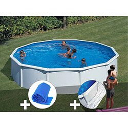 Kit piscine acier blanc Gré Fidji ronde 5,70 x 1,22 m + Bâche à bulles + Tapis de sol