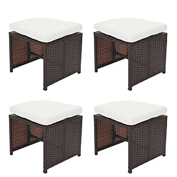 Mendler Lot de 4 tabourets en poly rotin Kreta, tabouret de jardin ~ brun, coussin crème