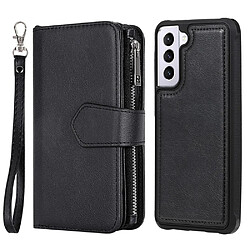 Etui en PU + TPU poche zippée de couleur unie détachable avec support noir pour votre Samsung Galaxy S21 5G