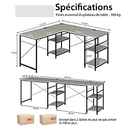 Helloshop26 Bureau d'angle 151 x 151 x 75 cm ajustable à bureau droit 4 etagère de rangement grand table pour 2 personnes gris 20_0007972 pas cher