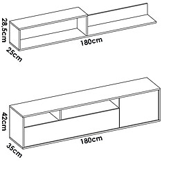 Pegane Ensemble de salon avec meuble TV avec 2 portes + étagère en bois mélaminé coloris chêne naturel, blanc - Longueur 180 x Profondeur 35 x Hauteur 44/28 cm