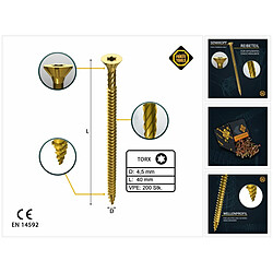 Forte-Forte FORTE Tools Vis à bois universelle 4,5 x 40 mm T20, Galvanisée jaune, Tête fraisée Torx, Filetage total, 200 pcs. (000051399478)