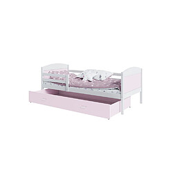 Kids Literie Lit Enfant Mateo 90x190 Blanc - rose Livré avec sommiers, tiroir et matelas en mousse de 7cm