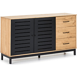 Pegane Buffet en pin massif noir, meuble de rangement coloris chêne - Longueur 141 x Profondeur 40 x Hauteur 80 cm