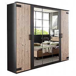 Pegane Armoire 5 portes avec miroir - Chêne