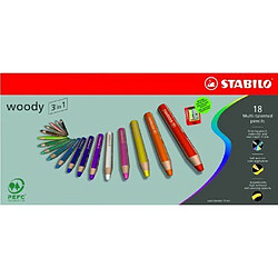Stabilo Woody Étui 18 Crayons + Taille-Crayon Crayons 3 en 1 - Étui de 18 - Crayon/Craie/Crayon Aquarellable
