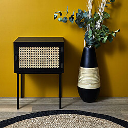 Toilinux Table de chevet en cannage 1 porte en Bois et métal - Noir et marron