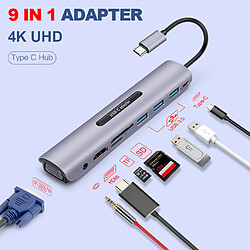 9in1 USB-C USB3.0x3 Hub TF SD HDMI VGA - MultiPort Adaptateur