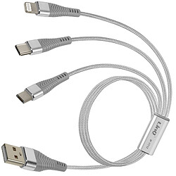 LinQ Câble 3 en 1 USB-C/Lightning - 70 cm Câble de charge - Triple interface - USB-C, Micro-USB, Lightning - Nylon tressé