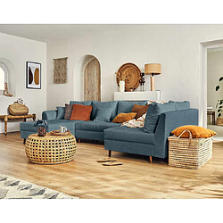 Lisa Design Rune Canapé panoramique d'angle droit 7 places Tissu bouclette bleu nuit - Structure bois massif - Pieds bois wengé