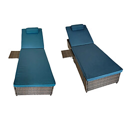 Concept Usine Lot de 2 transats coussins bleus foncé en résine tressée avec tablette latérale PUNTA CANA