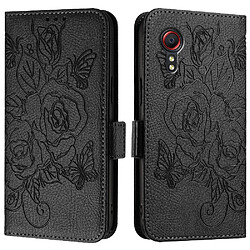 Samsung Galaxy Xcover 5 Étui GANGXUN - Noir Coque portefeuille en cuir PU - Fente carte de crédit - Fermeture magnétique - Blocage RFID - Motif rose en relief