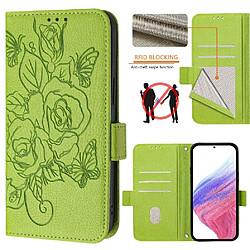 Étui Realme Narzo 50 5G Magnétique - Vert Coque portefeuille cuir PU - Motif rose 3D - Blocage RFID - Protection complète - Fente pour carte - Fermeture magnétique