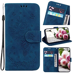 Realme GT 6T - Étui Portefeuille Fleurs Roses - Bleu Coque portefeuille en cuir PU - Fleurs Roses embossées - 2 emplacements cartes - Support intégré - Bleu