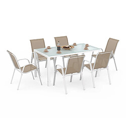 Idmarket market Salon de jardin MADRID table 150 cm et 6 chaises - Blanc/beige