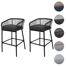 Mendler Lot de 2 tabourets de bar Rope HWC-O22, tabouret de bar, Outdoor assise rembourrée corde tressée métal ~ anthracite, coussin gris foncé