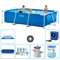 INTEX Frame Pool - 300 x 200 x 75 cm Piscine rectangulaire avec accessoires - Couverture, tapis de sol, pompe à chaleur