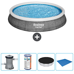 Bestway Fast Set Piscine Gonflable Ronde - Rotin Piscine gonflable ronde - 396 x 84 cm - Imprimé rotin - Inclut accessoires et pompe 2006 l/h