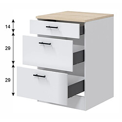 Pegane Meuble bas de cuisine 3 tiroirs - Blanc brillant/chêne canadien